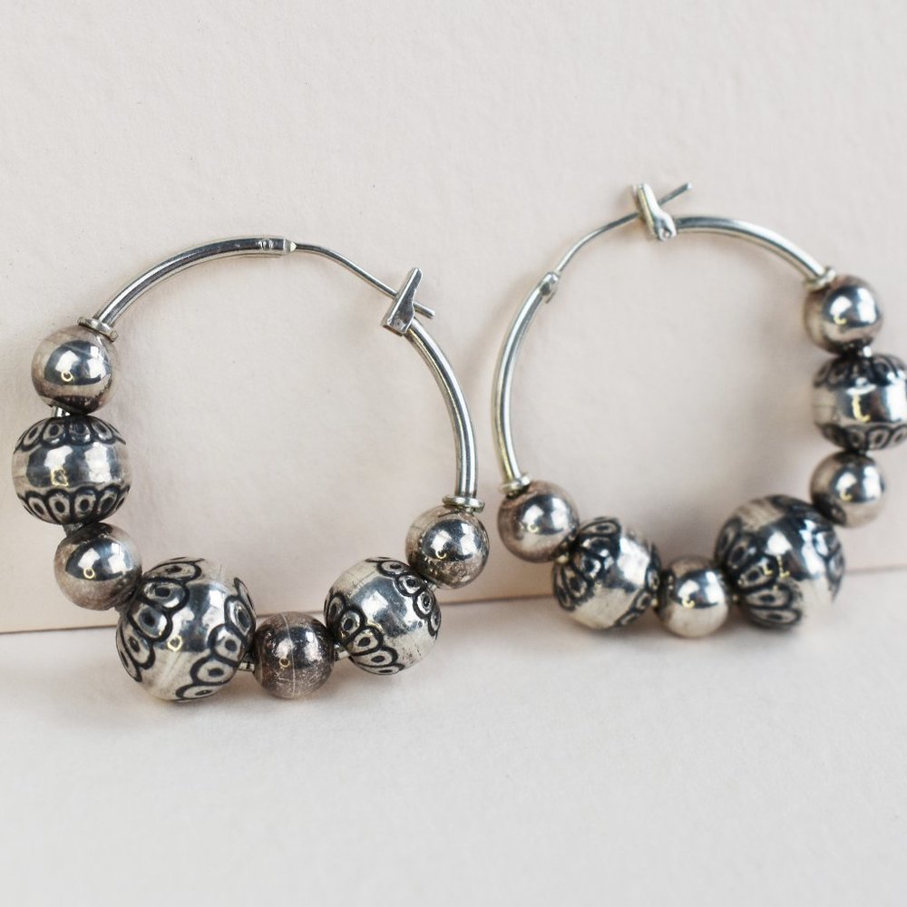 Large bead hoop earrings 925 sterling silver, basic chunky hoops, boho jewelry - Picture 6 of 8